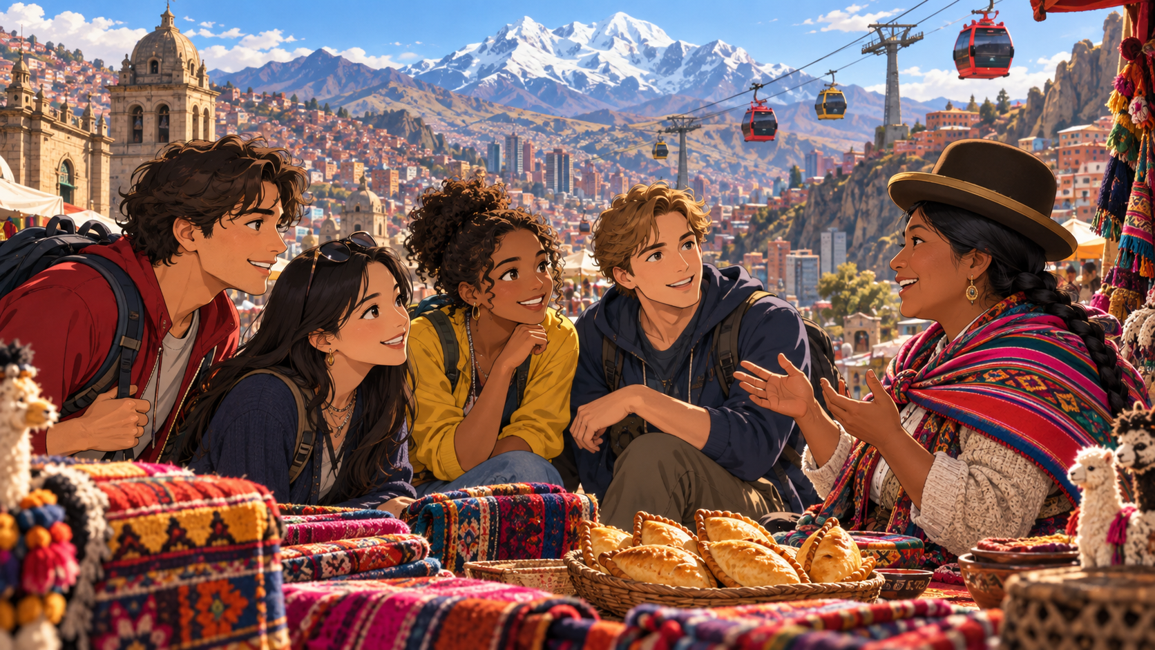 Friends learning Spanish with a local guide in La Paz, Bolivia