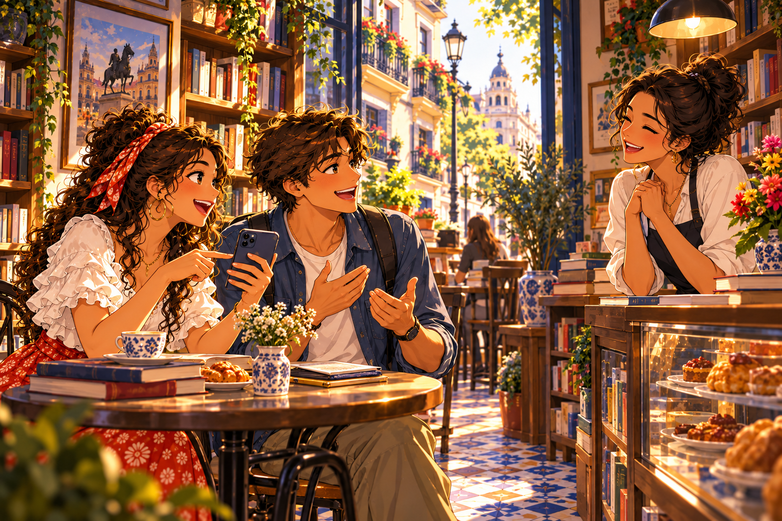 Friends using Spanish at a Madrid bookshop