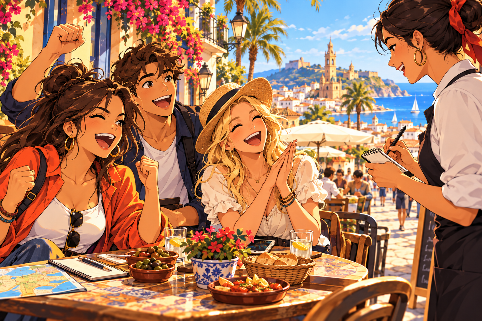 Friends practicing Spanish at a café