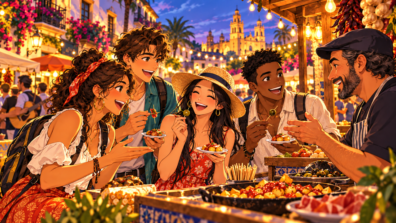 Friends speaking Spanish at a market
